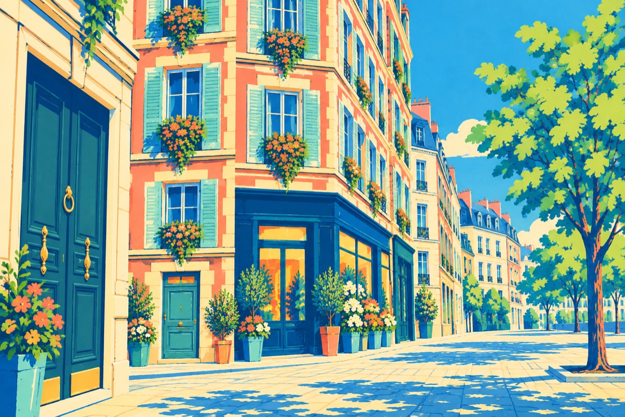 Un immeuble rose du quartier, en sérigraphie pop