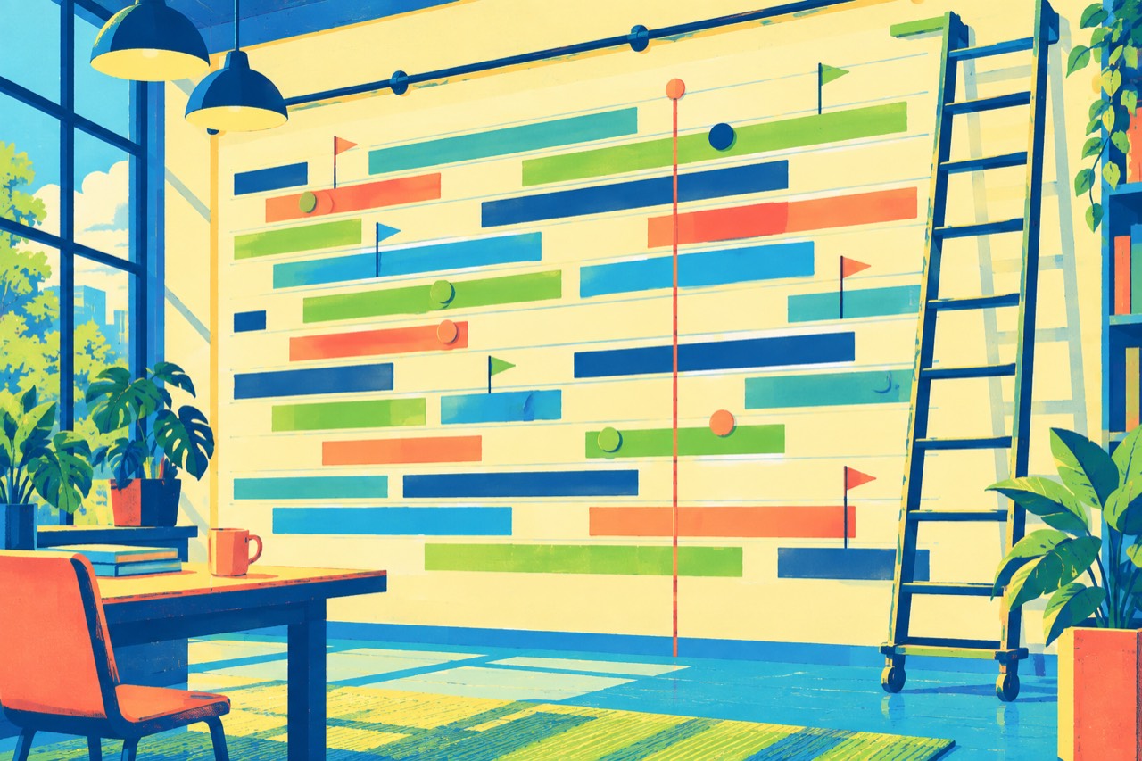 Sérigraphie pop d'un mur de planning en bandes colorées
